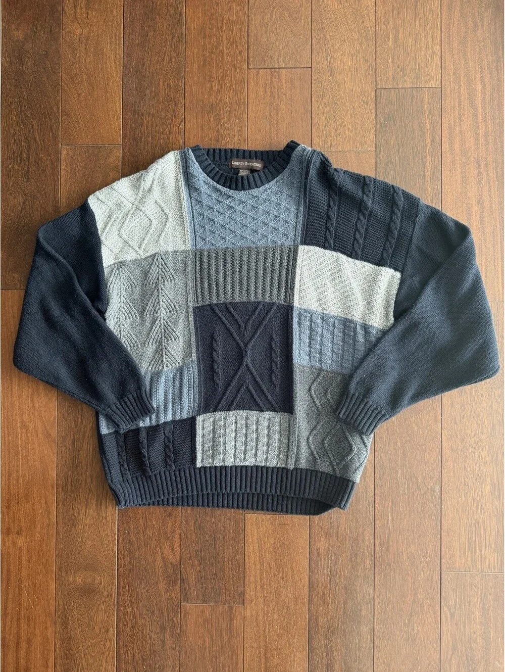 Vintage 90s Liberty Sweaters Patchwork Knit Crewneck Men’s XL USA Made Dadcore